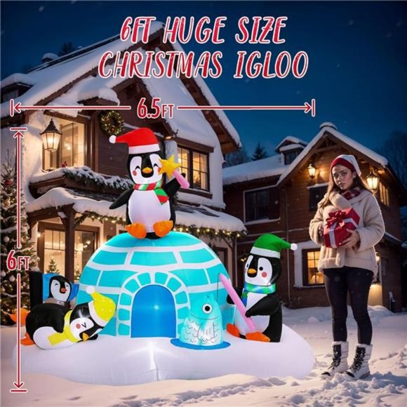 6.9ft Christmas Inflatables Igloo with 3 Penguins, Outdoor LED Light Up Penguin - Picture 5 of 6
